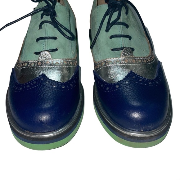 POLLINI Lace-up Leather Blue Green Silver Loafers Size 7 - Picture 2 of 7